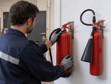 Técnico comparando un extintor ABC y un extintor de CO₂ en un negocio