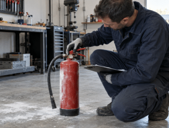 Técnico revisando un extintor utilizado antes de su recarga