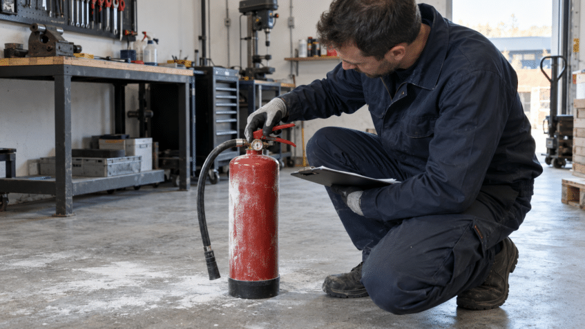 Técnico revisando un extintor utilizado antes de su recarga